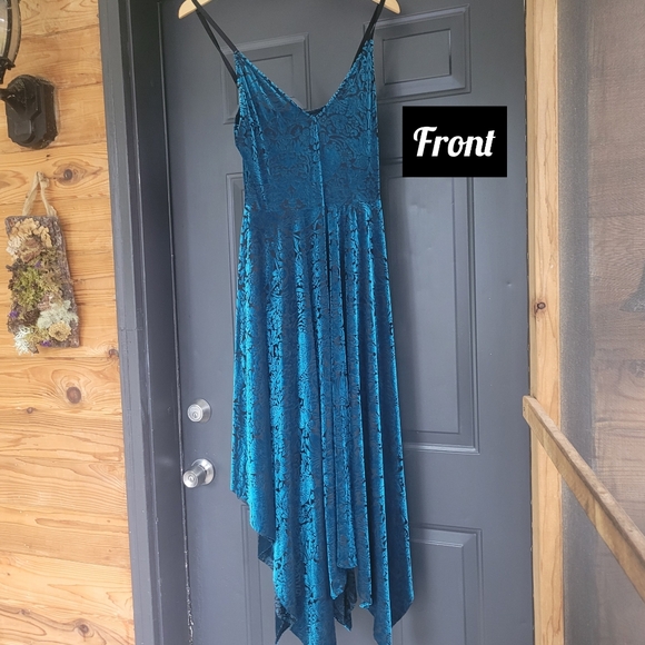 Blackmilk Teal Velvet Lace Asymmetrical Dress - Picture 2 of 7